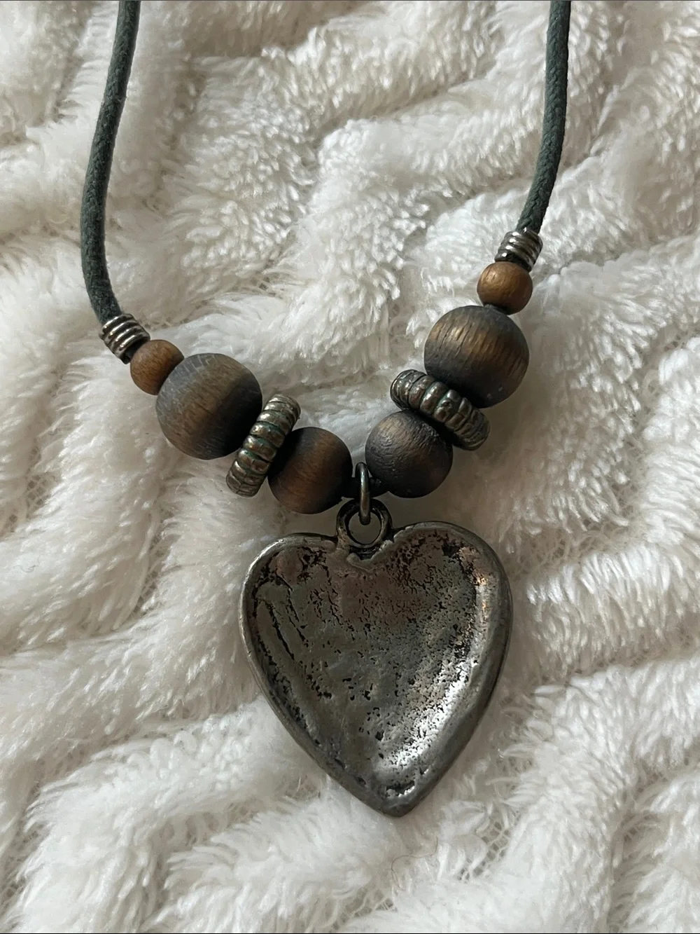 Vintage Heart Pendant Wood Bead Necklace